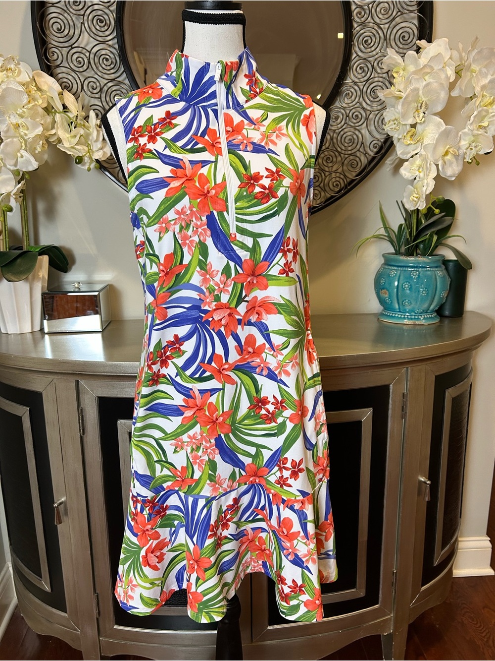 Tommy Bahama Floral Stripe Swim Dress in White, Green & Red-Orange